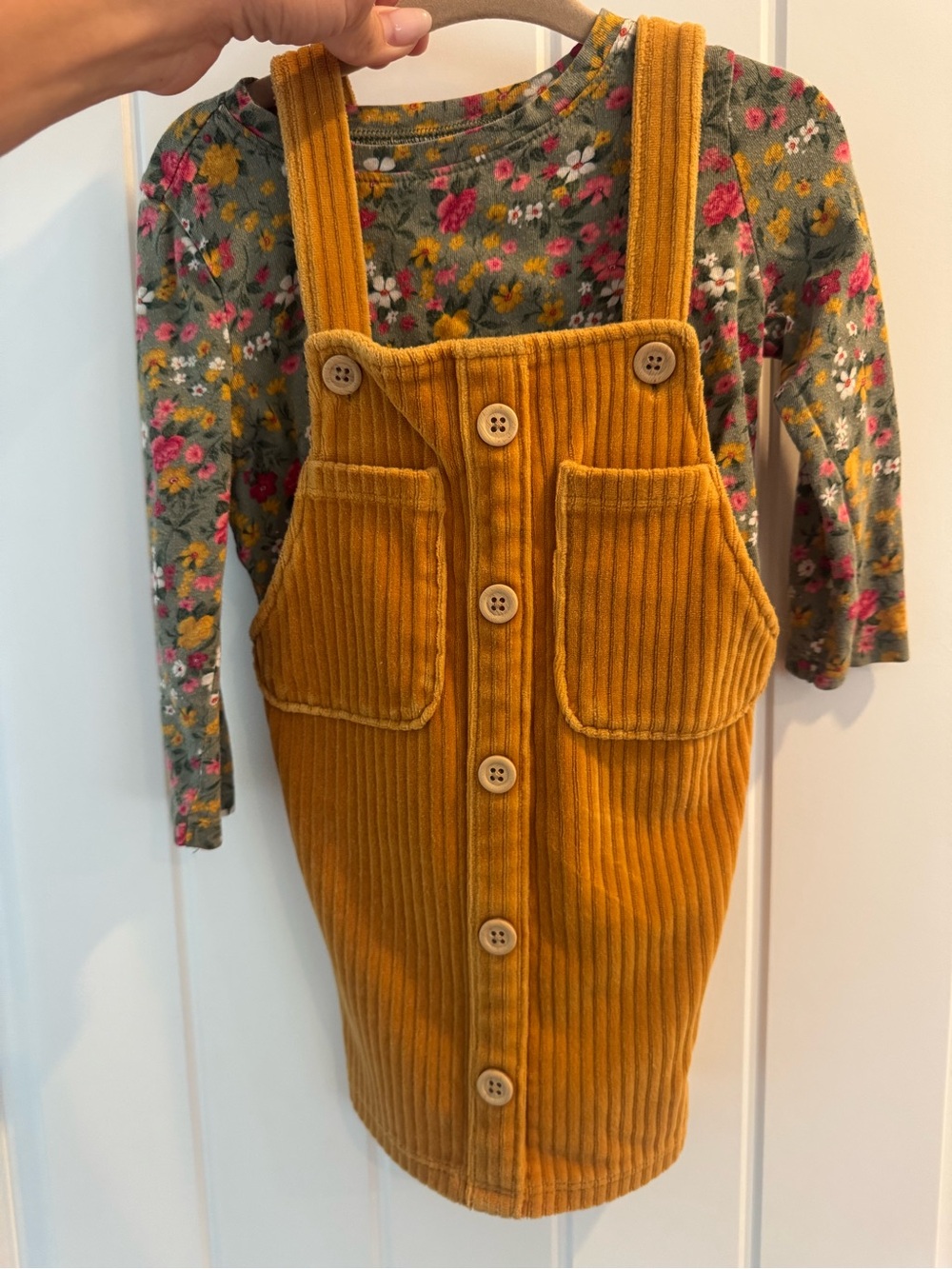 art class Mustard Corduroy Button Pinafore with Floral Top